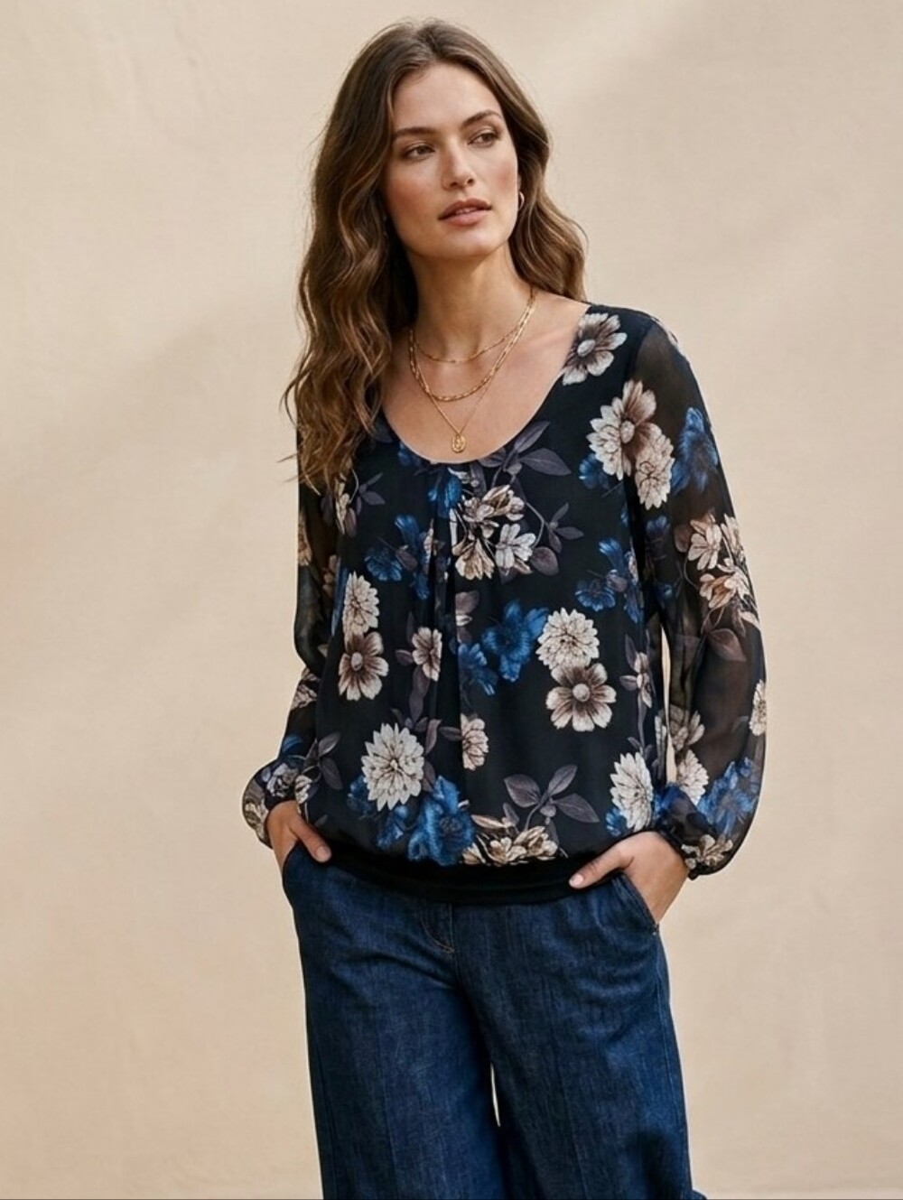Viola Borghi Italy Floral Silk Chiffon Top Black & Blue